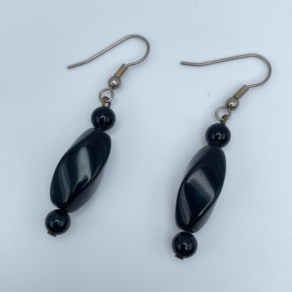Vintage 90s Black Onyx Beaded Silver Tone Dangle Earrings Boho Women's Jewelry